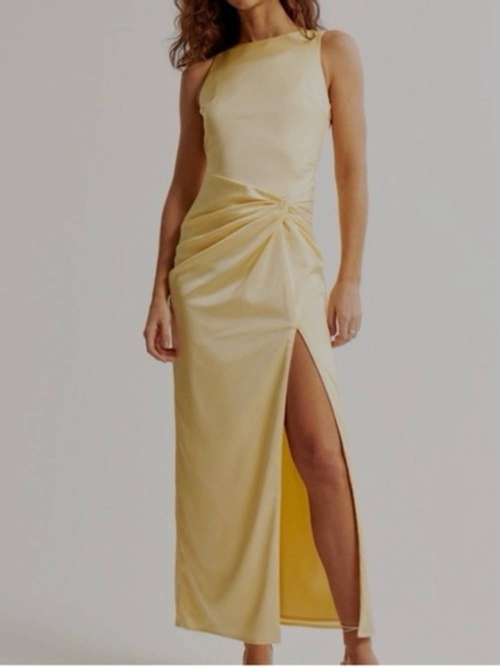 Abercrombie & Fitch Pale Yellow Satin Maxi Dress with Side Slit